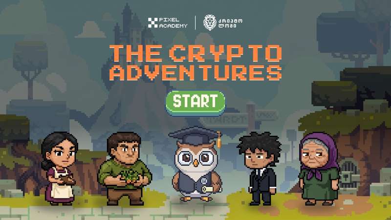 Title screen of The Crypto Adventures — pixel-art characters including an owl mentor, a founder, a farmer, a banker and a grandmother